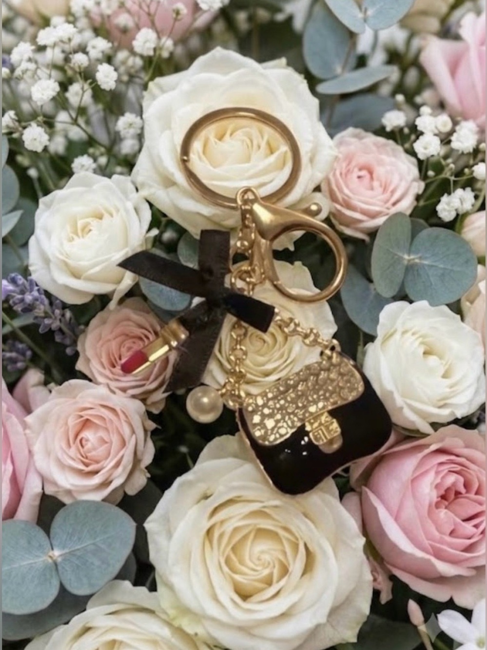 Gold-tone Black Lipstick & Purse Charm Keychain